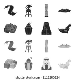 Eastern sweets, Ramadan lamp, Arab sheikh, territory.Arab emirates set collection icons in black,monochrome style vector symbol stock illustration web.