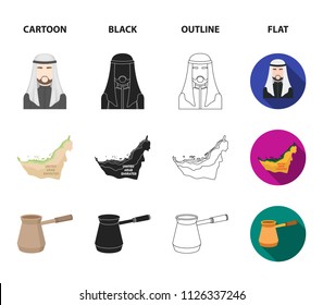 Eastern sweets, Ramadan lamp, Arab sheikh, territory.Arab emirates set collection icons in cartoon,black,outline,flat style vector symbol stock illustration web.