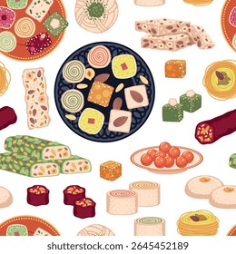 Os doces orientais padrão sem emenda. Produtos de açúcar oriental, sobremesas tradicionais de ramadã, delícia turca repetida, design têxtil, papel de embrulho, papel de parede. Plano de fundo do vetor de aranha
