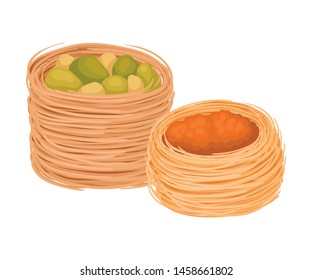 Eastern sweets in the shape of a nest. Kadaif. Vector illustration on white background.