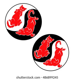 The Eastern symbol of harmony, two cats lie on their backs in a circle, vector illustration.