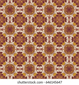 Eastern symmetric seamless pattern. Decorative background in ethnic style. The rich decor of the shapes and lines for design of cloth or paper. Vector illustration.