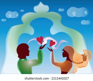 Cuentos orientales de la Pareja Taj Mahal en la India de amor.
Ilustración vectorial de la historia del amor. La encantadora Dama con Hombre noble se da el amor verdadero. Nace un sueño en el Taj Mahal. Vector de stock