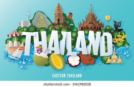 Eastern Thailand The most beautiful places to visit in thailand with paper cut art and craft style on paper background.