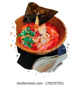 Eastern Tom Yam soup polygonal picture. Asian soup with lemon, chicken, herbs and coconut milk. Bowl of Tom Yam soup with a spoon made of triangular polygons