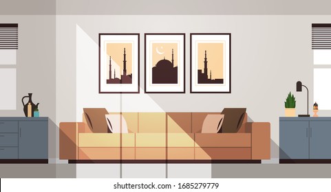 eastern traditional living room interior with furniture and pictures on wall ramadan kareem muslim religion holy month flat horizontal vector illustration