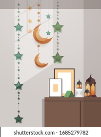 eastern traditional living room interior with decoration eid mubarak ramadan kareem muslim religion holy month flat vertical vector illustration