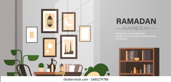 eastern traditional living room interior with pictures ramadan kareem muslim religion holy month flat horizonta copy space vector illustration