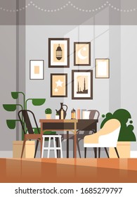 eastern traditional living room interior with pictures and furniture ramadan kareem muslim religion holy month flat vertical vector illustration