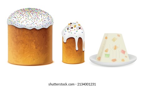 Eastern traditional orthodox easter cakes realistic set of sweet dishes decorated with white glaze candied fruits and colorful candies isolated vector illustration