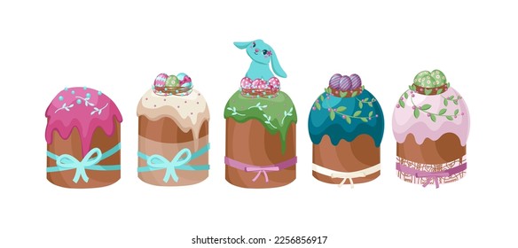 Eastern traditional orthodox easter cakes set of sweet dishes decorated with white glaze candied fruits and colorful candies isolated vector illustration