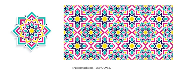 Eastern vector mandala flower and seamless pattern. Traditional asian decorative designs. Indian decor motif for yoga classes, traditional backgrounds and wallpapers. Bright colors template print