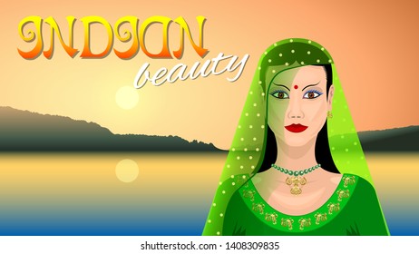 Eastern woman on shore at sunset or dawn. Beautiful indian brunette young woman in sari with gold pattern, traditional fashion. Vector Illustration 