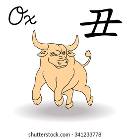 Eastern Zodiac Sign Ox, symbol of New Year in Chinese calendar, hand drawn vector artwork isolated on a white background