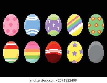 EasterPixel game eggs, painted chicken eggs, game flat vector illustration set on black background
