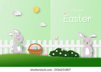 Tarjeta de felicitación del día de Pascua con conejito lindo y huevos de Pascua en el jardín, corte de papel e ilustración vectorial de estilo artesanal