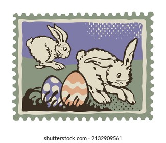 Easters postage stamp with jumping rabbits and colored eggs. Dim colored vintage style with grunge texture. Vector postmark for greeting cards, posters, invitations, etc.