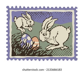 Easters postage stamp with jumping rabbits and colored eggs. Dim colored vintage style with grunge texture. Vector postmark for greeting cards, posters, invitations, etc.