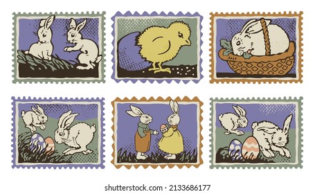 Easters postage stamps set with rabbits, chicken, and colored eggs. Dim colored vintage style with grunge texture. Vector postmark for greeting cards, posters, invitations, etc.