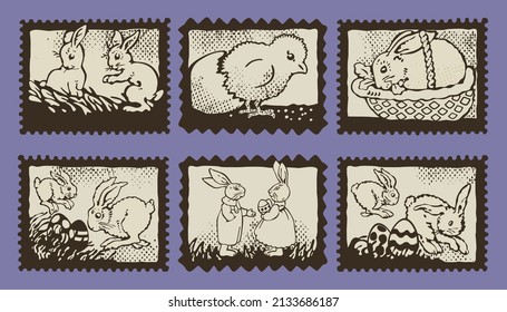 Easters postage stamps set with rabbits, chicken, and colored eggs. Monochrome vintage style with grunge texture. Vector postmark for greeting cards, posters, invitations, etc.