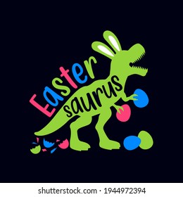 Eastersaurus,  Easter Card. Dinosaur With Bunny Ears, Vector Illustration In Childish Style