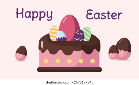 Easter-themed card featuring a chocolate cake topped with colorful eggs, surrounded by chocolate eggs on pastel background. Celebration concept