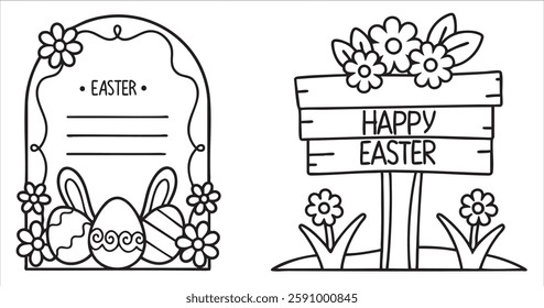 Easter-themed coloring page with decorative eggs, flowers, and signs for festive greetings.