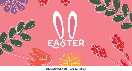 Easter-Themed Design Featuring Bunny Ears, Floral Motifs, and Vibrant Colors. Cheerful Easter graphic showcasing bunny ears, flowers, leaves, and florals in an artistic design. Perfect for festive 