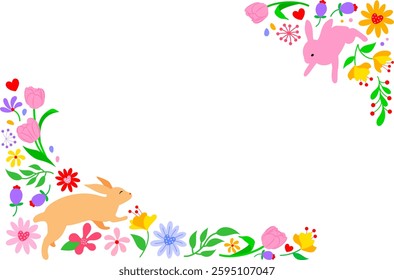 Easter-themed frame with floral decorations and playful rabbits. A brown rabbit on the left appears to be leaping, while a pink rabbit on the top right is surrounded by flowers and leaves.