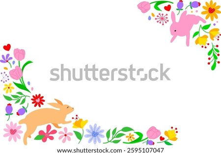 Easter-themed frame with floral decorations and playful rabbits. A brown rabbit on the left appears to be leaping, while a pink rabbit on the top right is surrounded by flowers and leaves.
