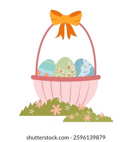Easter-themed illustrations with balloons, rabbits, eggs, and flowers