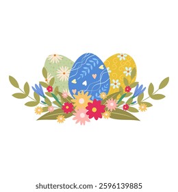 Easter-themed illustrations with balloons, rabbits, eggs, and flowers