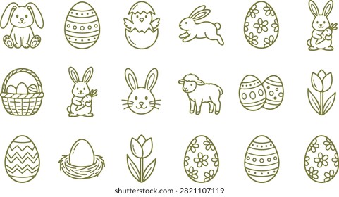 Easter-themed illustrations of bunnies, eggs, and flowers in black and white