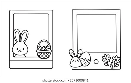 Ilustraciones de Pascua con un conejo, una canasta y Elementos decorativos.