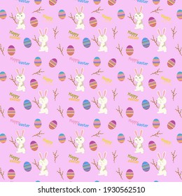 Easter-themed pattern with colored eggs and funny bunny

