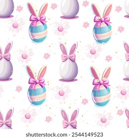 Easter-themed pattern featuring colorful eggs and bunny ears on a white background. 