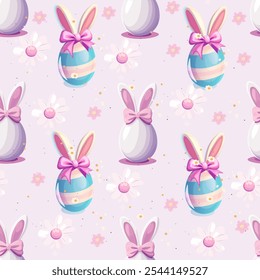 Easter-themed pattern featuring colorful eggs and bunny ears on a white background. Easter Pattern with Colorful Eggs and Bunny Ears on White
Festive Easter Eggs and Bunny Ears Pattern on White Backgr