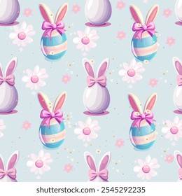 Easter-themed pattern featuring colorful eggs and bunny ears on a white background. Easter Pattern with Colorful Eggs and Bunny Ears on White
Festive Easter Eggs and Bunny Ears Pattern on White Backgr