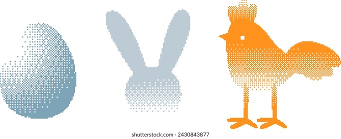 Easter-themed pixel art icons. Easter egg, bunny, and crowned chicken on white background. Easter celebration and pixel art concept. Design for digital content, games, sticker, and web