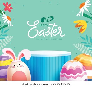 An Easter-themed product display background featuring a blue podium, colorful patterned eggs, a bunny egg, and floral elements on a turquoise background.
