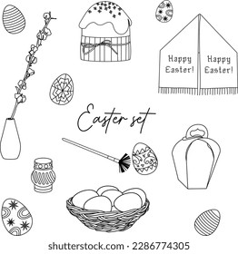 Easter-themed set of items: a loaf, painted eggs, a basket, a lampstand, a paintbrush, a towel, a willow branch, a packing box. 