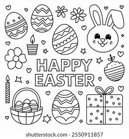 Easter-themed vector featuring decorated Easter eggs, a bunny face, flowers, a candle, a basket filled with eggs, a gift box, a cupcake, and the text 'HAPPY EASTER' in the center.