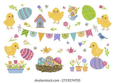 Ilustración vectorial con temática de Pascua con adorables polluelos, coloridos huevos y vibrantes flores de primavera. Incluye bunting decorativo y pajarera, capturando el espíritu festivo de la Pascua.