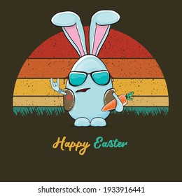 Eastre bunny badass and funny cartoon character with bunny ears isolated on vitnage sun background. rock n roll easter party poster or happy easter greeting card with blue rabbit