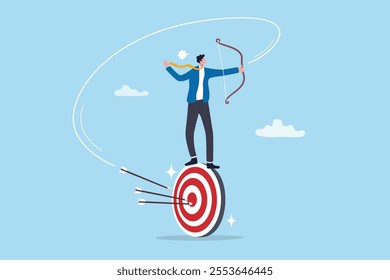 Easy achieve goal, business target, confident or skill to success, challenge for marketing strategy, aiming at goal, perfection or objective concept, businessman easy aim at target bullseye.