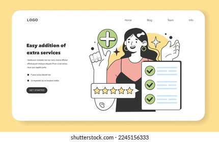 Facilidad de la adición de servicios adicionales como aspectos positivos sobre el inicio y desarrollo de un banner web o página de aterrizaje para pequeñas empresas locales. Potencial de crecimiento y éxito. Ilustración de vectores planos