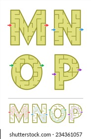 Easy alphabet maze games for kids - letters M, N, O, P. Answers included. 