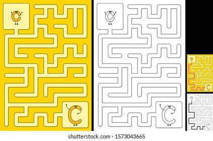 Easy alphabet maze for kids with a solution - worksheet for learning alphabet - recognizing letter C
