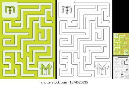 Easy alphabet maze for kids and solution    worksheet for learning alphabet    recognizing letter M