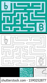 Easy alphabet maze for kids with a solution - worksheet for learning alphabet - recognizing letter B